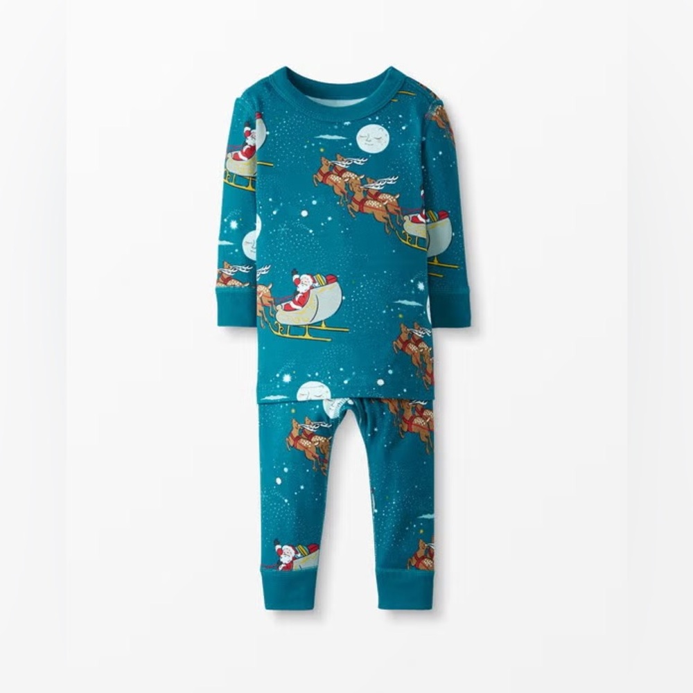 Hanna Andersson Organic Cotton Teal Santa Sleigh Christmas Pajama Set Long John